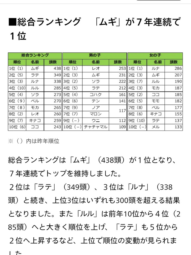 猫の名前ランキング