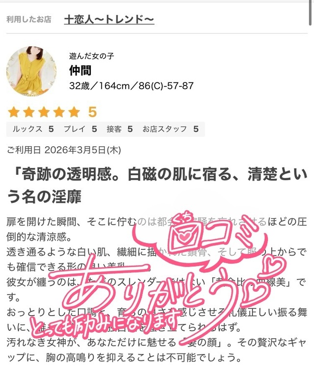 口コミありがとうございます｜写メ日記｜仲間｜大塚・巣鴨 人妻デリヘル 十恋人～トレンド～