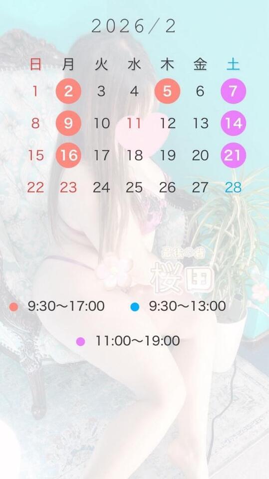 2月の出勤予定｜写メ日記｜桜田｜錦糸町・小岩・葛西 人妻デリヘル 人妻最後の砦小岩店